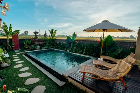 Joglo Hati: pool with a parasol and view over the rice fields