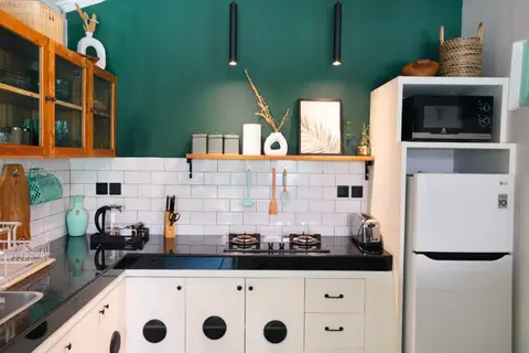 Villa Mint Satu: kitchen with a fridge and microwave